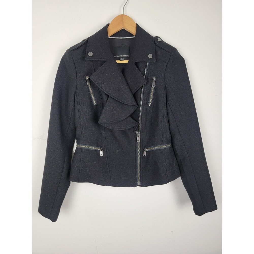 Banana Republic Flounce Front Moto Jacket, Size 0 Black Preppy - Picture 3 of 11